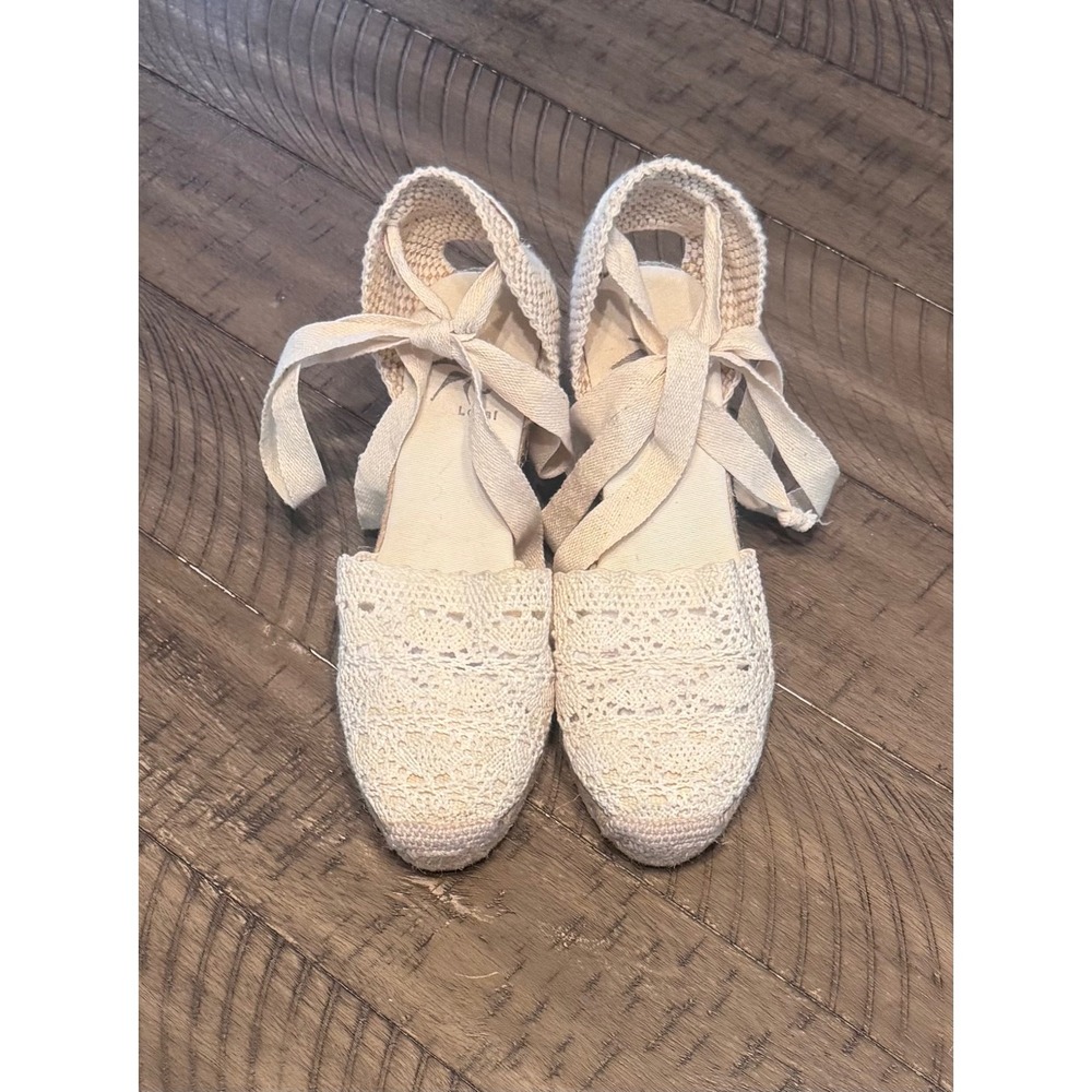Local Crochet Lace Espadrille Wedges Cream Ankle Tie Sandal 36